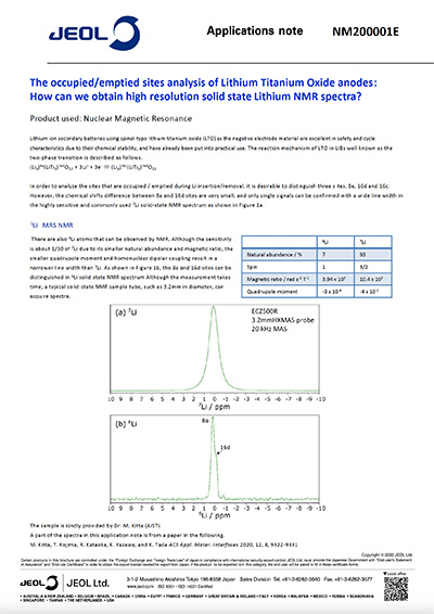 The occupied/emptied sites analysis of Lithium Titanium Oxide anodes: How can we obtain high resolution solid state Lithium NMR spectra? _NM200001E